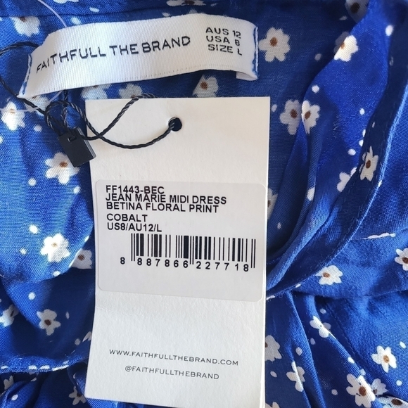 Faithfull The Brand Jean Marie Betina Floral Print Cobalt Blue Midi Dress Size 8 - Picture 16 of 17